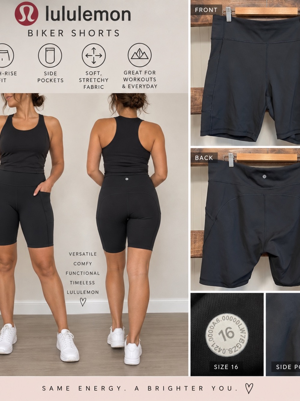Lululemon Black High Rise Biker Shorts Side Pockets Size 16